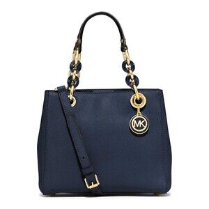 Michael Kors Saffiano Leather Cynthia Convertible Satchel Bag Small Navy Blue